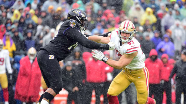 Dec 1, 2019; Baltimore, MD, USA; San Francisco 49ers defensive end Nick Bosa (97) is defended by Baltimore Ravens offensive tackle Ronnie Stanley (79) in the first quarter at M&T Bank Stadium. Mandatory Credit: Evan Habeeb-USA TODAY Sports